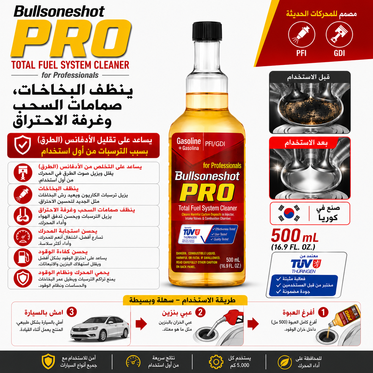 BULLSONESHOT PRO - منظف نظام الوقود الكامل لمحركات البنزين (500 مل)
